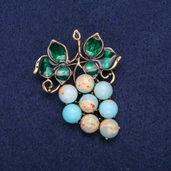 Brooch Grapes with Amazonite and Green Enamel, Golden Metal 40x50mm