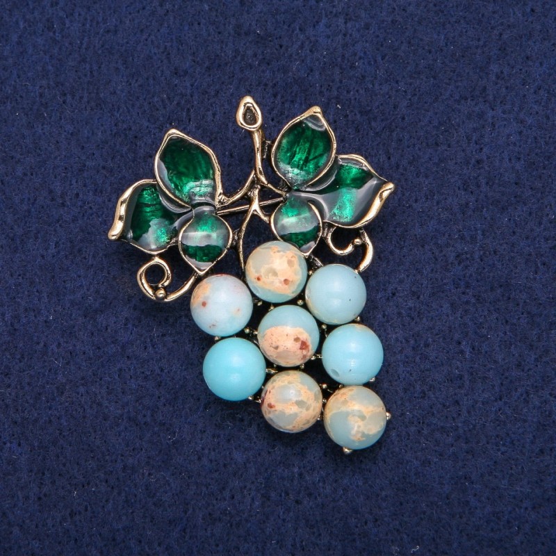 Brooch Grapes with Amazonite and Green Enamel, Golden Metal 40x50mm
