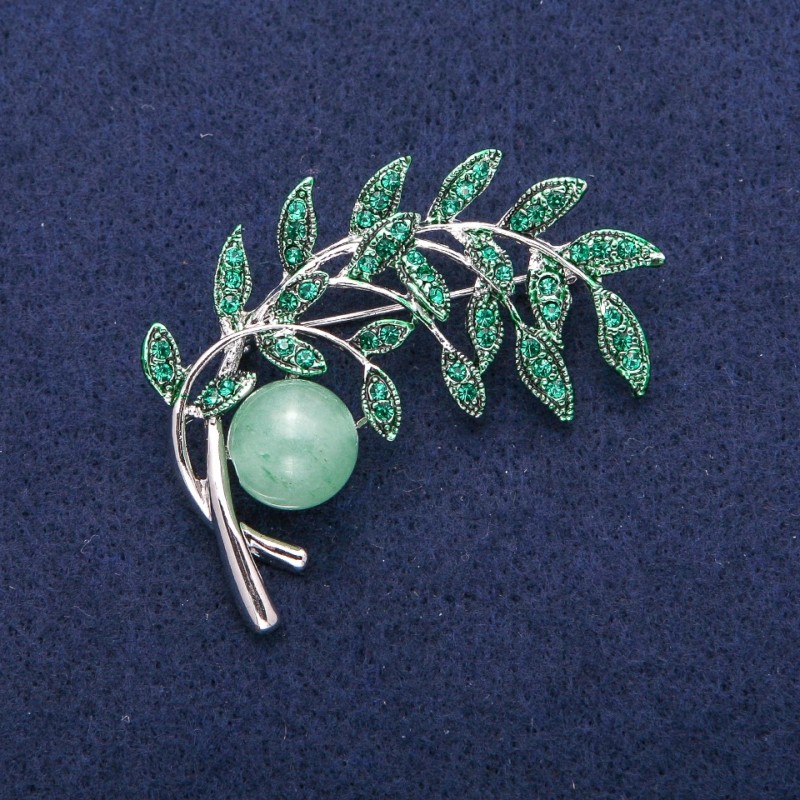 Brooch Twig with Jade Bead, green enamel and crystals, silver-tone metal 44x52mm