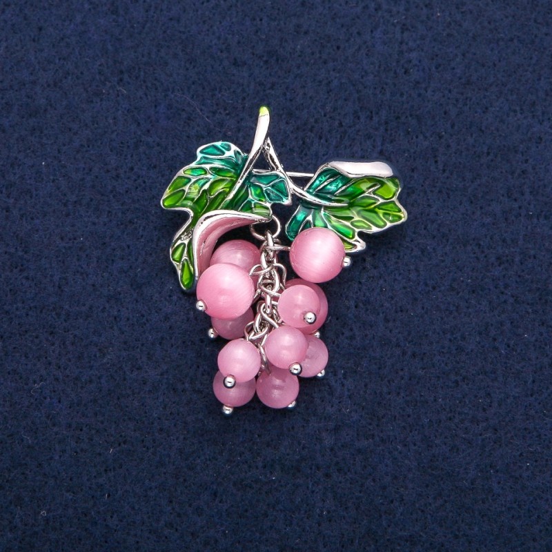 Brooch Pendant Grapes with Cat's Eye and Green Enamel, Silver Metal 35x45mm