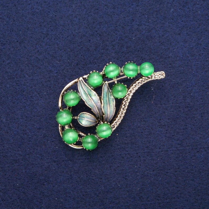 Brooch Branch with Green Cat's Eye and Enamel, gold-tone metal 28x52mm