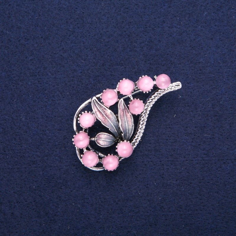 Brooch Branch with Pink Cat's Eye and Enamel, Silvery Metal 28x52mm