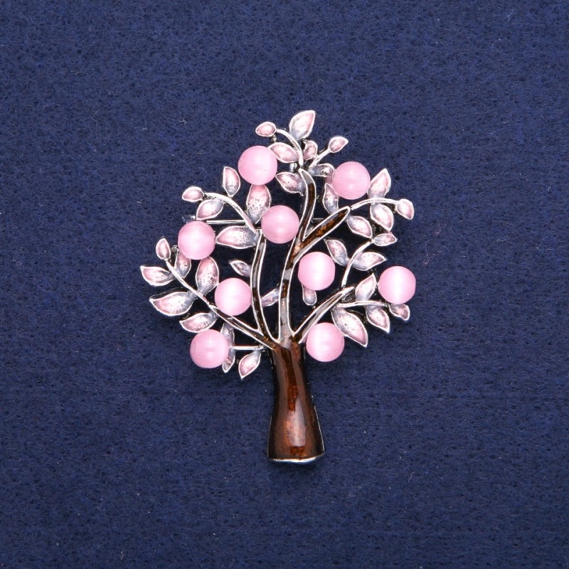 Brooch Pendant Tree Cat's Eye with Pink and Brown Enamel, Silver Metal 43x54mm