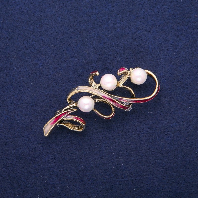 Brooch Sprig with Majorca Pearls and Burgundy Enamel, Golden Metal 24x60mm