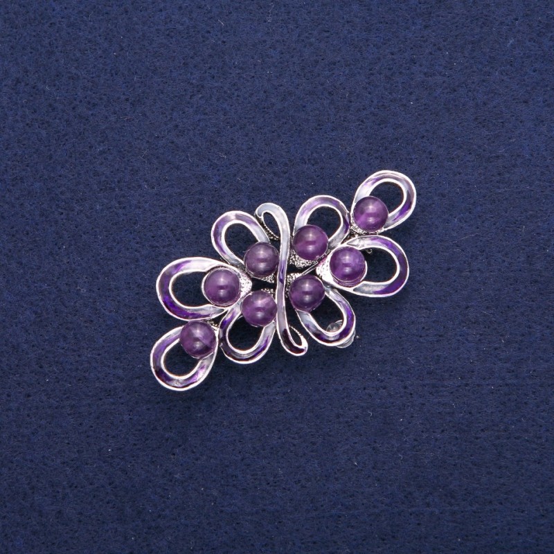 Brooch with Amethyst and Purple Enamel, Silver Metal 30x57mm