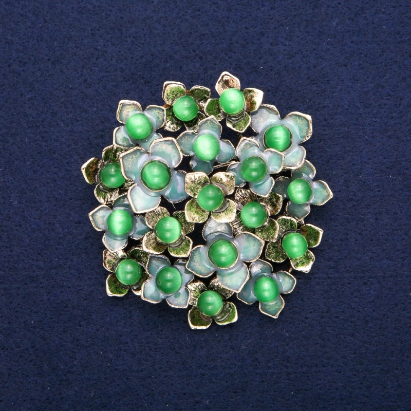 Flower Brooch with Cat's Eye, green enamel, golden metal 60x62mm