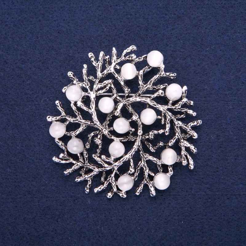 Brooch pendant "Little Branches" White Cat's Eye, silvered metal 60mm