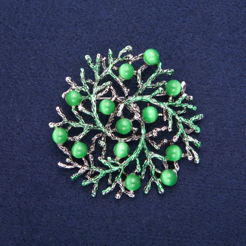 Brooch Pendant "Branches" with Cat's Eye, green enamel, silver metal, 60mm