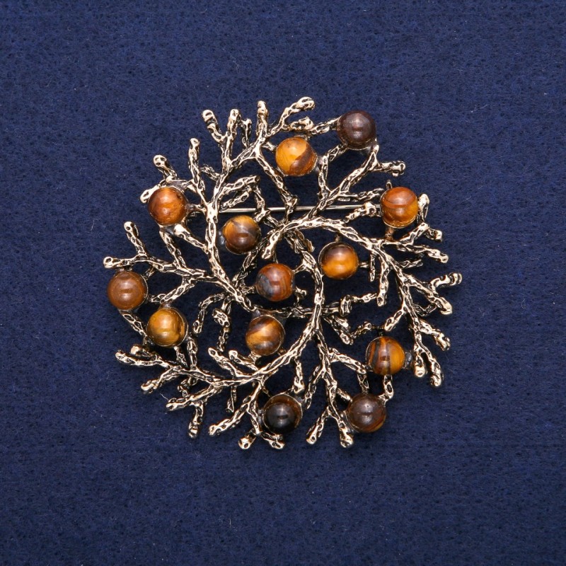 Brooch Pendant "Twiglets" with Tiger's Eye natural stone, golden metal 60mm