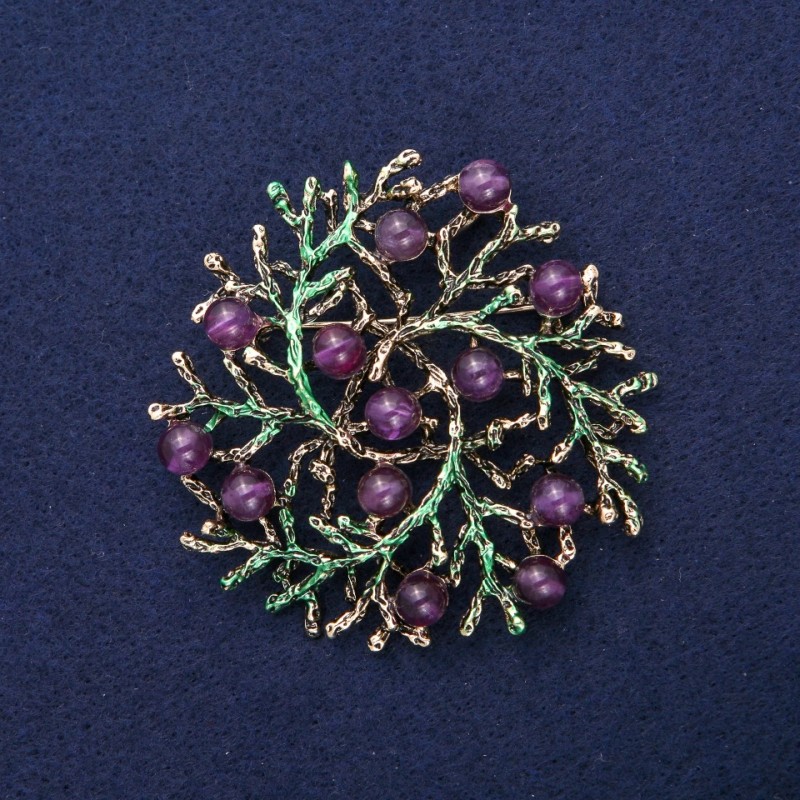 Brooch pendant "Little branches" with natural stone Amethyst, green enamel, gold-toned metal 60mm