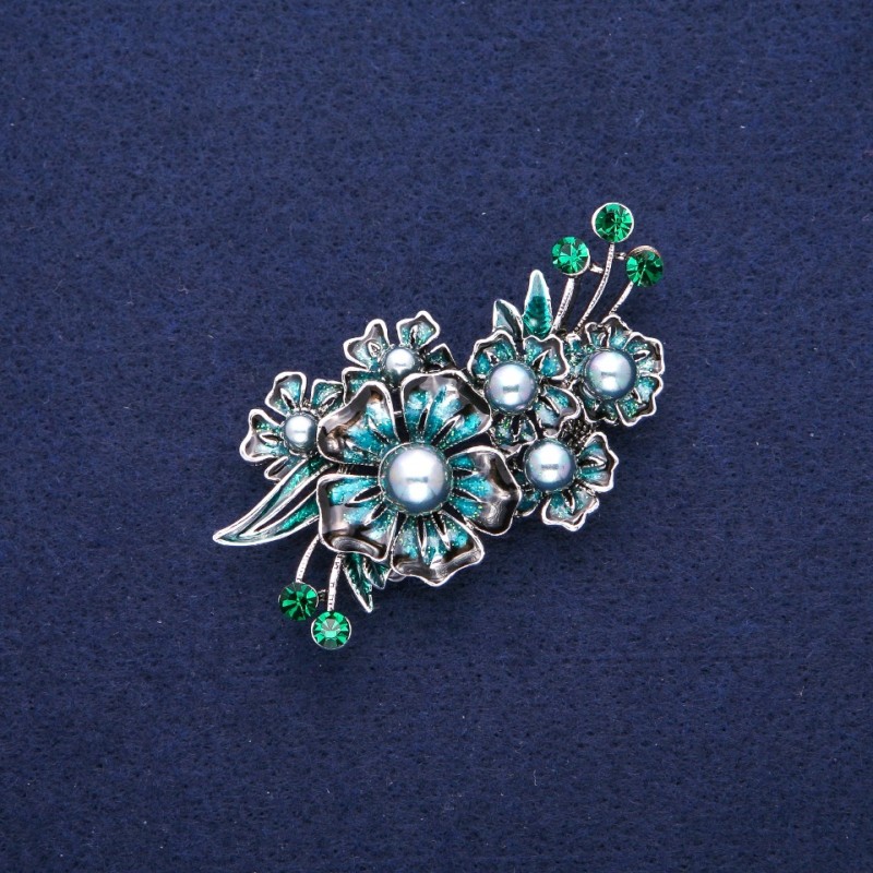 Brooch Bouquet with Pearl, blue enamel and green rhinestones, silver metal 33x58mm