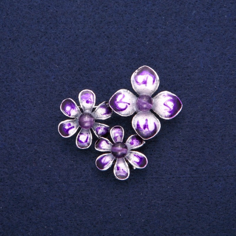 Brooch Pendant Flowers with Amethyst and Purple Enamel, Silver Metal 36x46mm