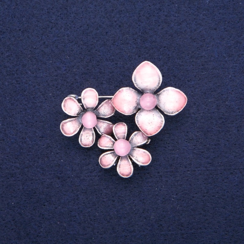Brooch pendant Flowers with Rose Quartz Cat's Eye and enamel, silver metal 36x46mm