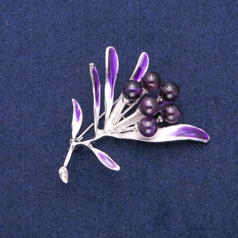 Brooch Flower with Amethyst, purple enamel, silver metal 42×51mm
