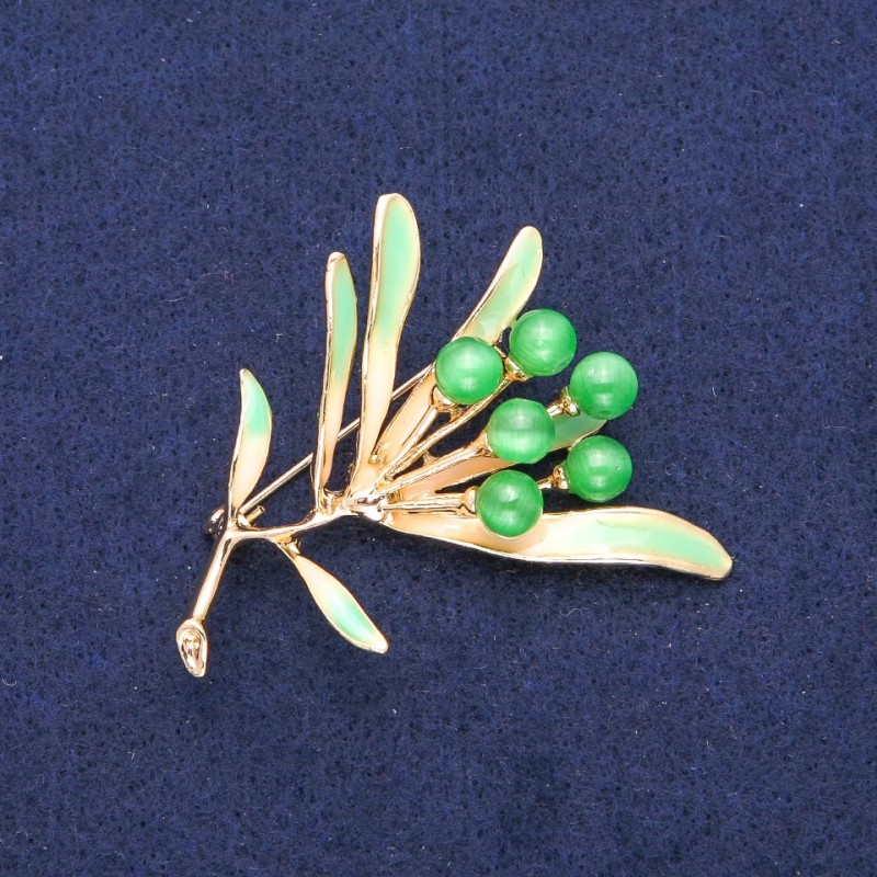 Brooch Flower with Cat's Eye, green enamel, golden metal 42x51mm