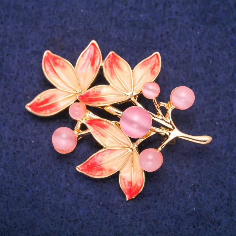 Brooch Branch with Pink Cat's Eye and enamel, golden metal 38x47mm
