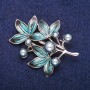 Brooch Branch with Pearl and Enamel, Silver Metal 38x47mm