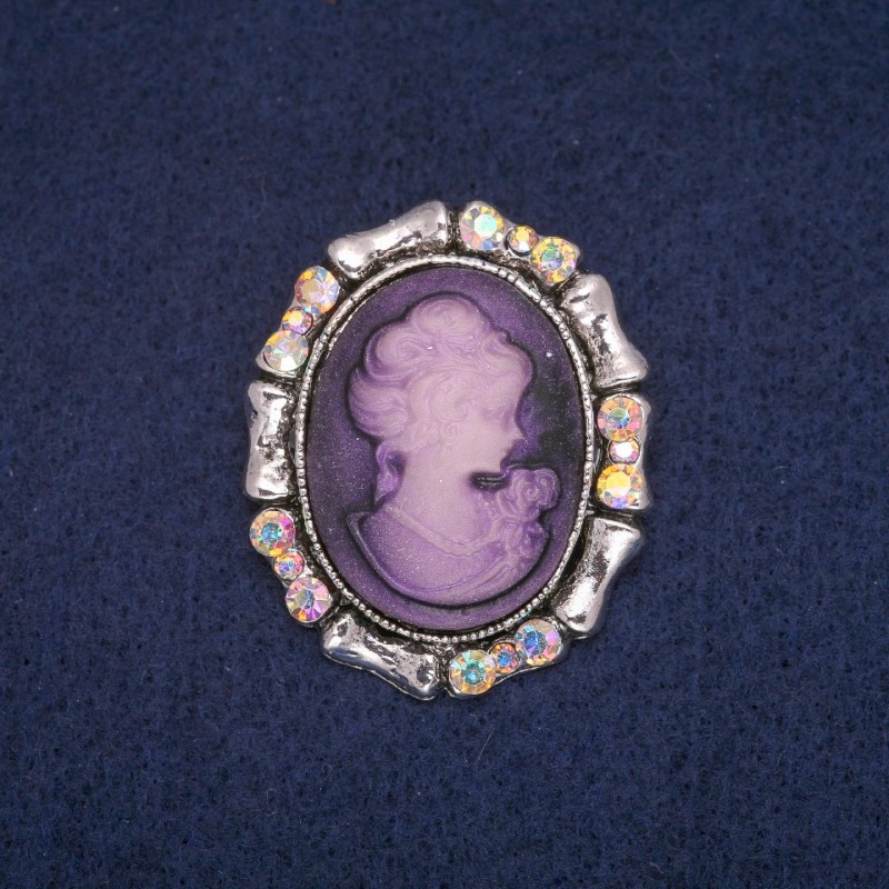 Cameo Brooch with Rainbow Rhinestones, Silver Metal 33×40mm