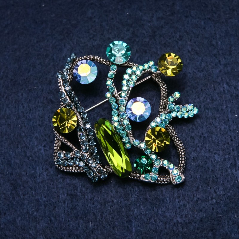 Brooch Accent Sea 55x55mm Rhinestones Emerald Green Blue Sea-Galvanized Gold Metal