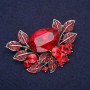 Brooch large Accent in botanical design with crystals and red stone, 67x45 mm, silver metal