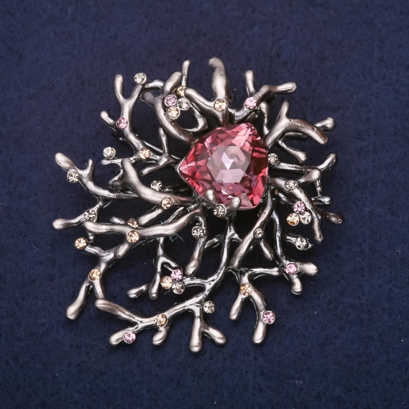 Brooch large Accent with rhinestones and stone purple color 58x62mm silver metal
