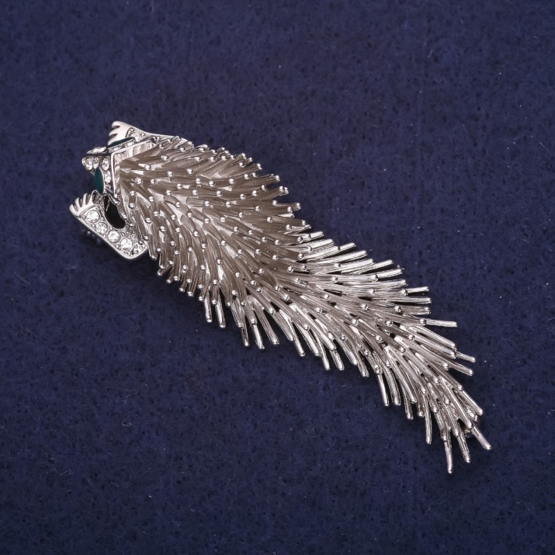 Brooch Hedgehog Porcupine 75x23mm Silvered Metal Light