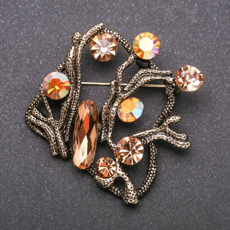 Brooch large Accent with yellow crystals "chameleon" yellow metal 55×55mm