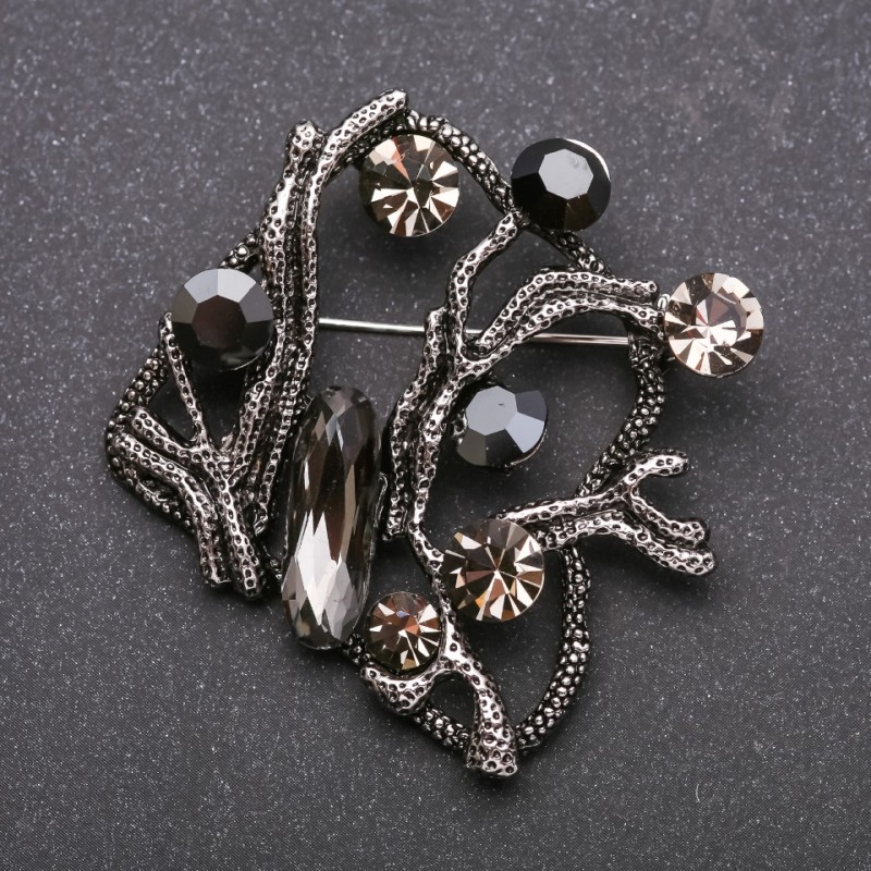 Brooch large Accent with gray crystals gray metal 55x55mm