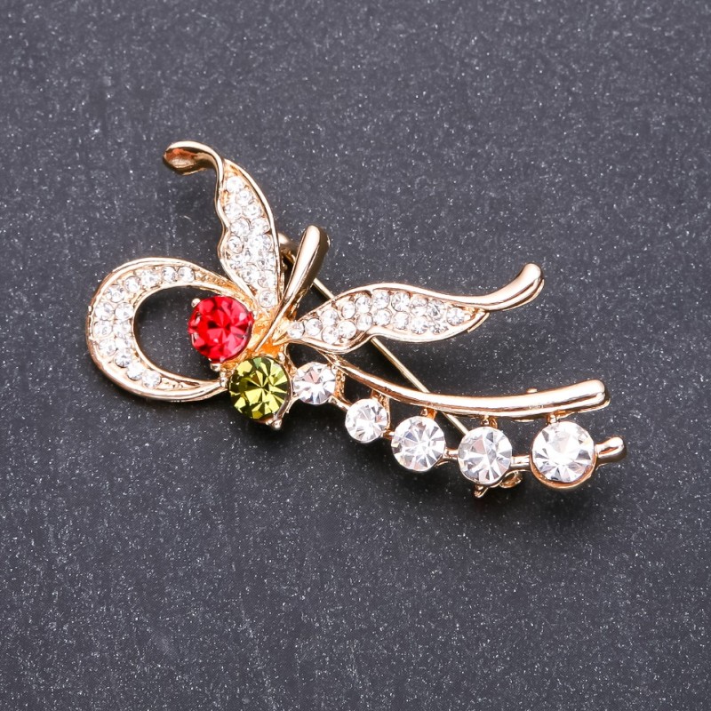 Brooch Butterfly with Multicolor Rhinestones 55x25mm Yellow Metal