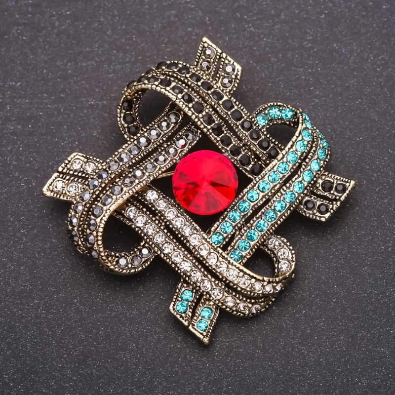 Brooch with Red Crystal and blue and gray Rhinestones 47x59mm Yellow Metal
