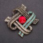 Brooch with Red Crystal and blue and gray Rhinestones 47x59mm Yellow Metal