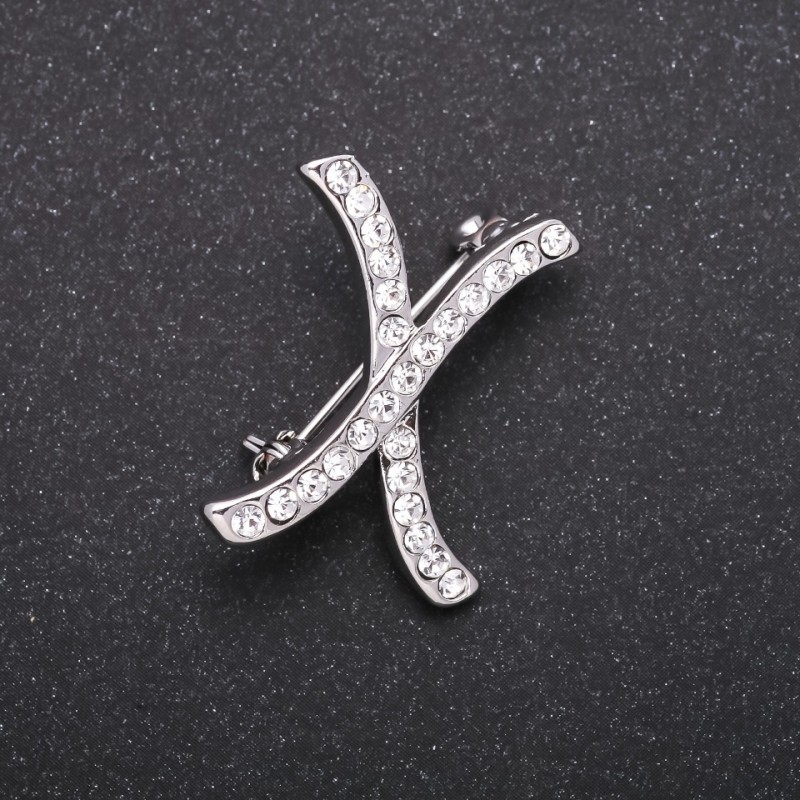 Initial Brooch with the letter "H" White Rhinestones, Metal Color "Grey" 27x21 mm
