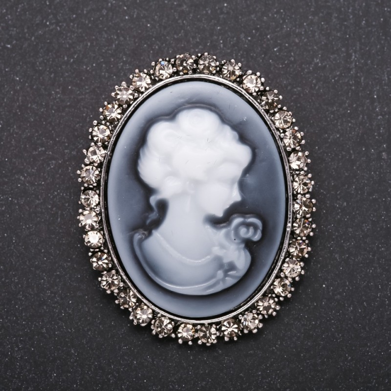Cameo Brooch with Rhinestones "Satin" metal color "gray" 50x40mm
