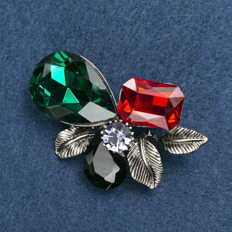 Brooch with Leaves in Silvery Metal with Crystals 55x35mm +