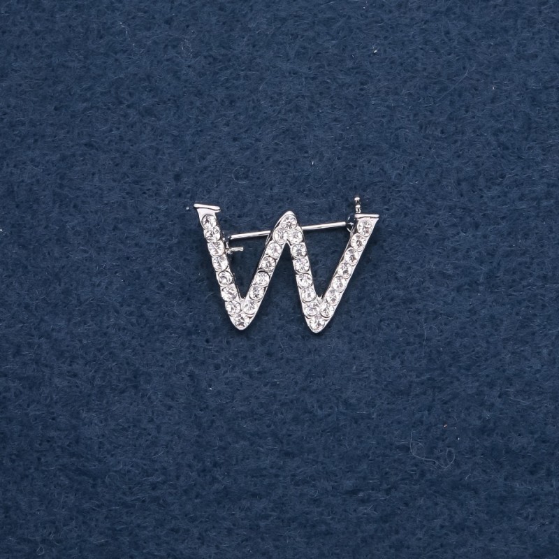 Brooch Initials Letter "W" 29x20mm metal color "Silver"