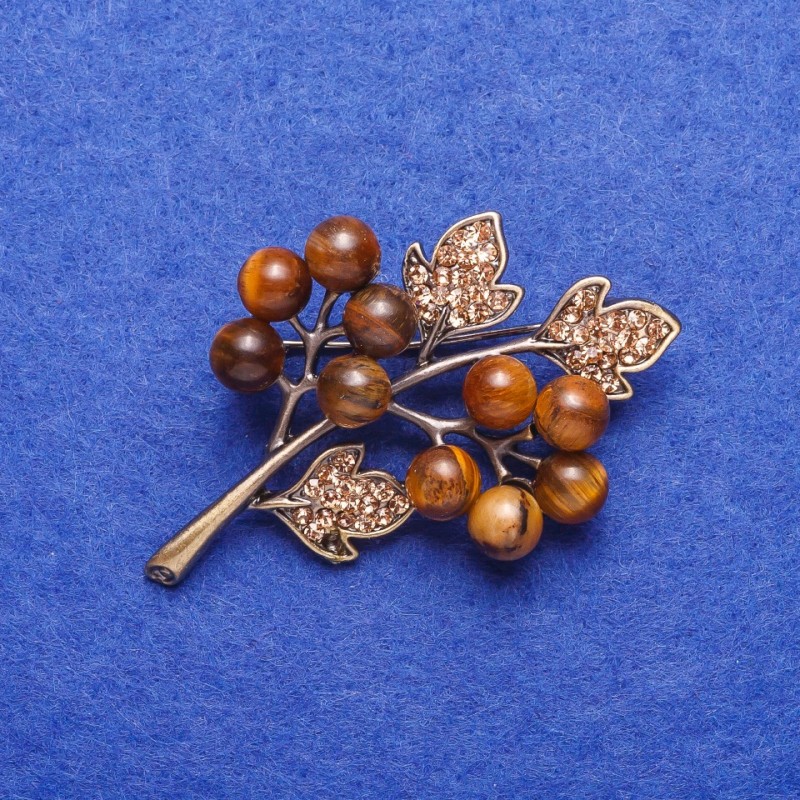 Brooch with Tiger's Eye "Branch" Silver 4x3.5 cm