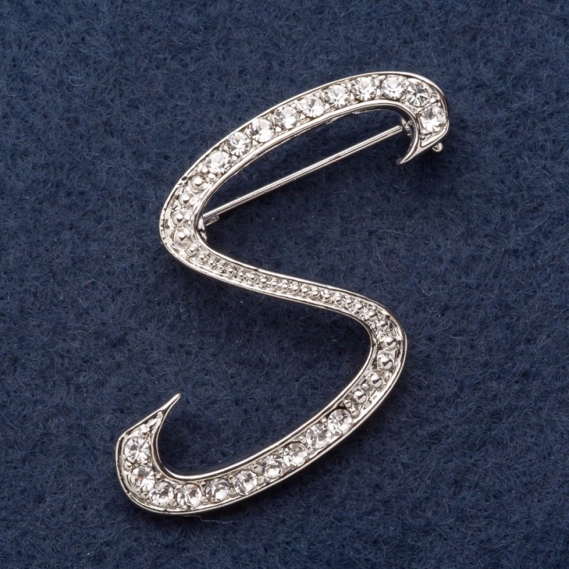Brooch series "Initial S" 3x3 cm gray metal, rhinestones