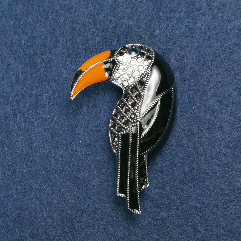Brooch Turaco silver metal, enamel and crystals 36x16mm +