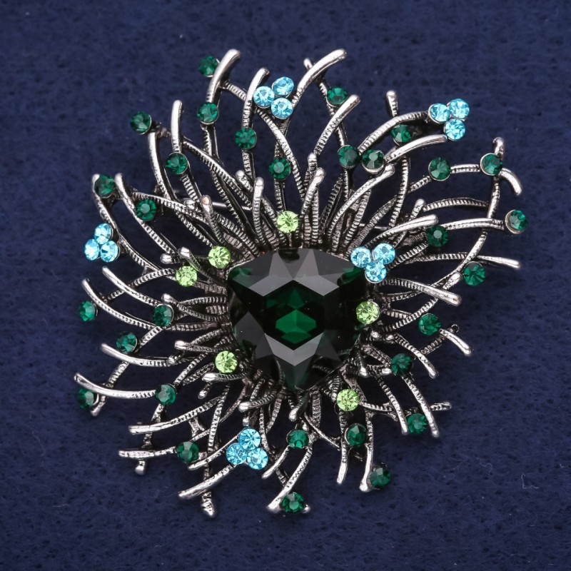 Brooch large Accent with crystals and stone blue turquoise sea wave green 44x42mm silver metal