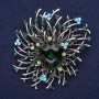 Brooch large Accent with crystals and stone blue turquoise sea wave green 44x42mm silver metal