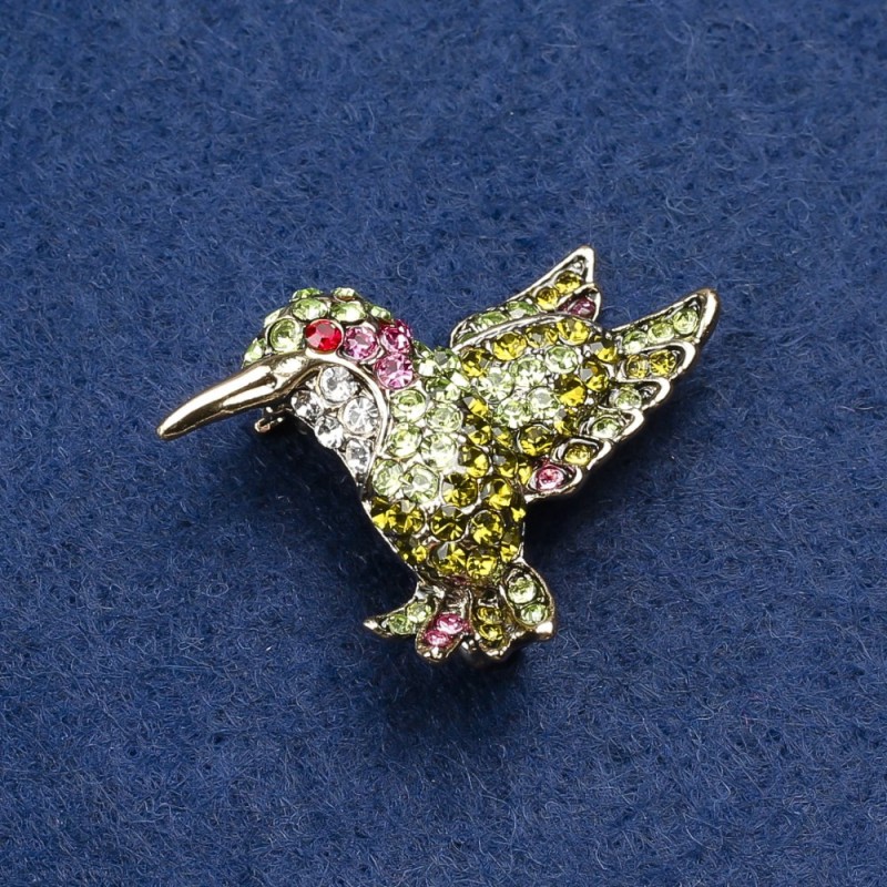 Brooch Hummingbird in Golden Metal with Rhinestones 25x33mm +