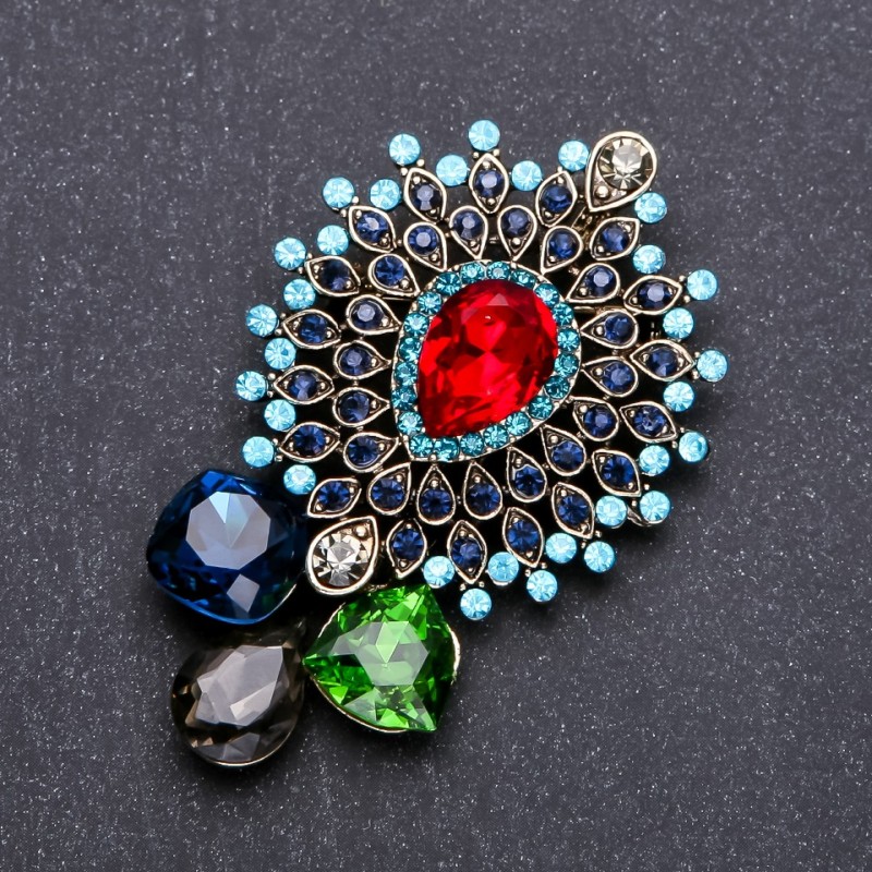 Brooch 'Order of Beauty' with Multicolored Crystals 60x38mm Yellow Metal