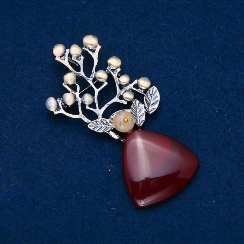 Brooch with Carnelian 74×32mm with Bead, silver-colored metal with gold coating