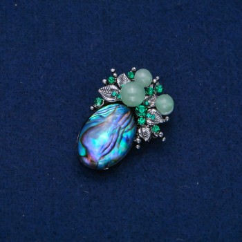 Accent Brooch 42x30mm cabochon Chalcedony with beads and crystals, silvery metal