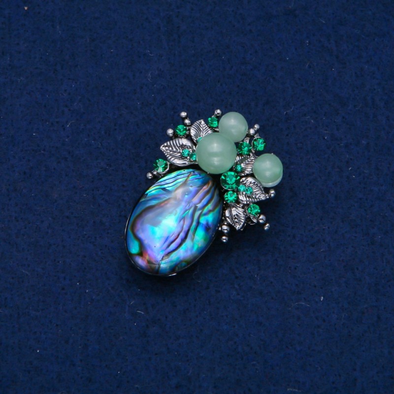 Accent Brooch 42x30mm cabochon Chalcedony with beads and crystals, silvery metal