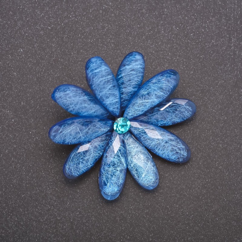 Brooch with blue aquarium effect, Daisy, gray metal, 47mm