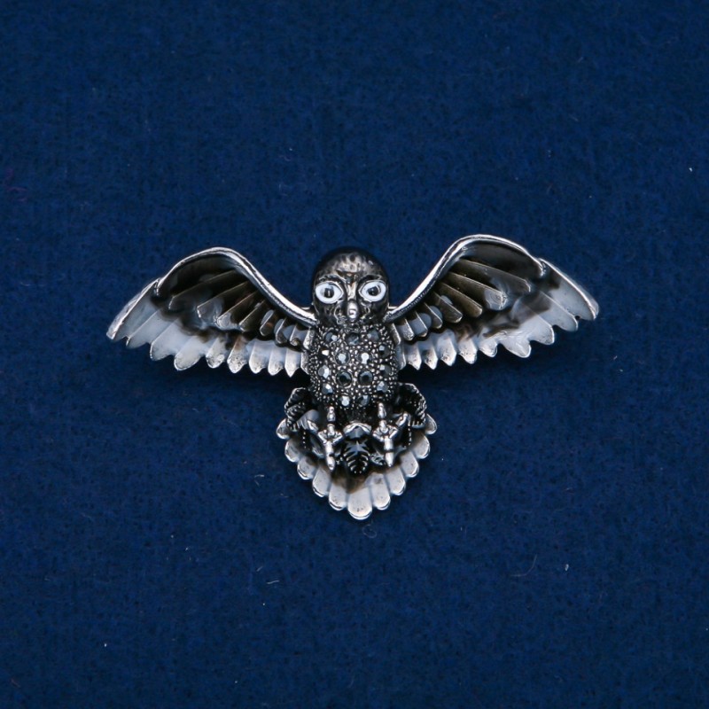 Brooch Bird with enamel and gray rhinestones, silver metal 65x35mm +