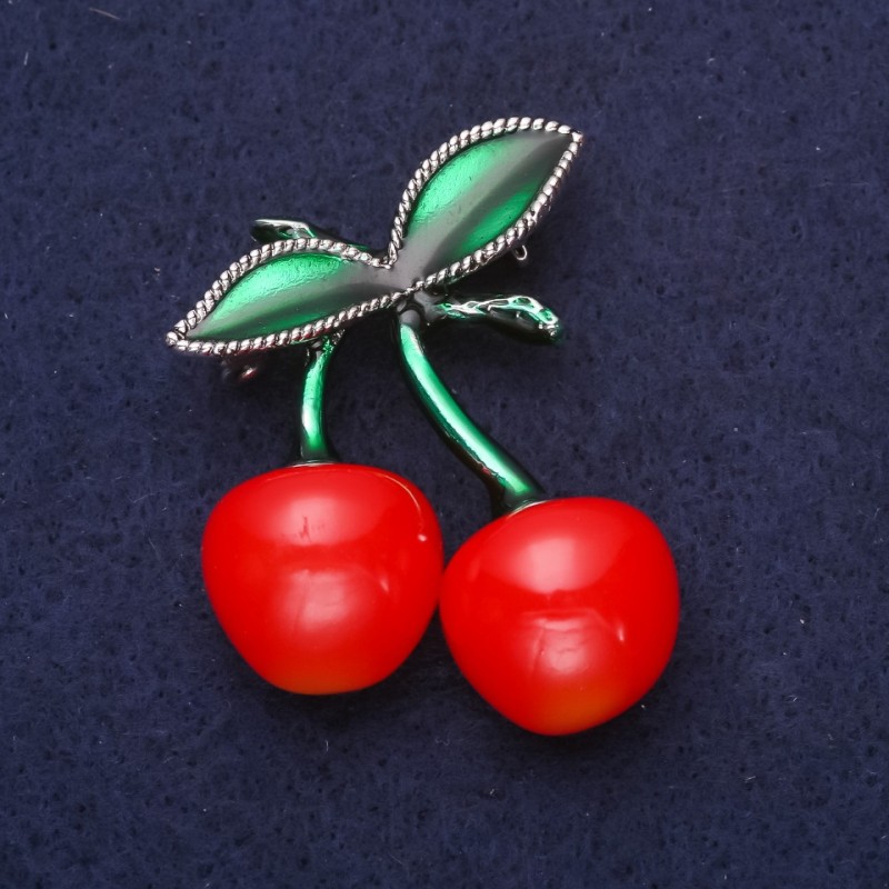 Brooch Cherry-shaped Enamel Red and Green 45x34mm Silver Metal