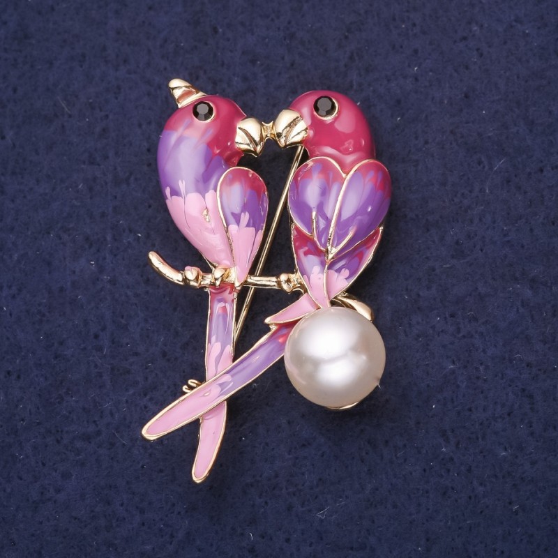 Brooch: Parrots with Pearl Beadwork on a Branch, Enamel, Rhinestones, Purple-Lilac-Pink-White, 49x28mm, Golden Metal
