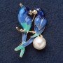 Brooch "Pair of Parrots" 5.5×2 cm blue enamel, yellow metal